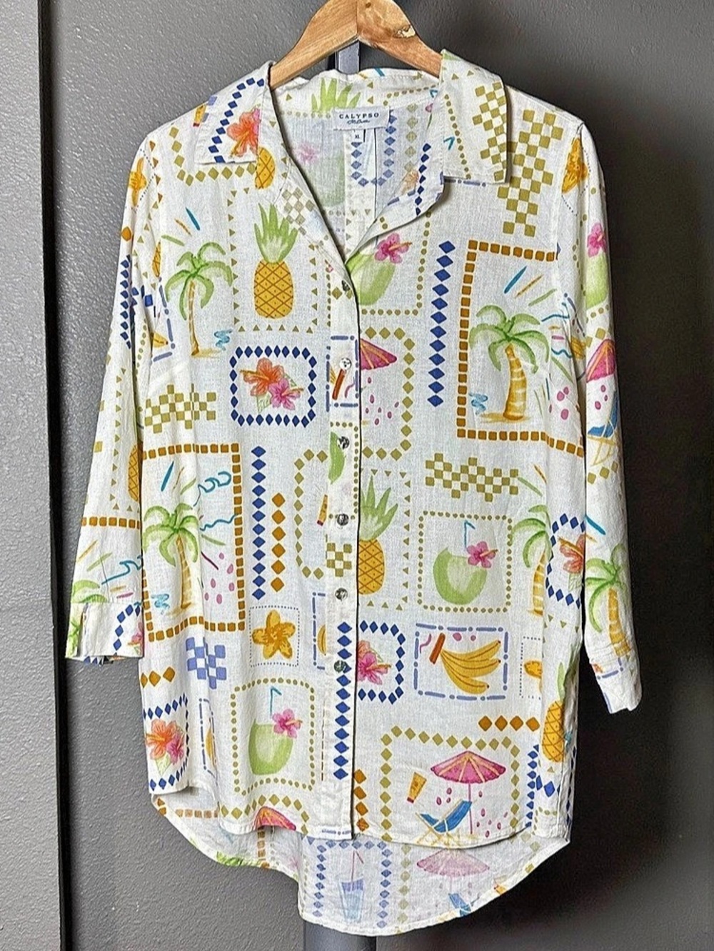Calypso St. Barth Printed Linen Blend Button Down in White XL